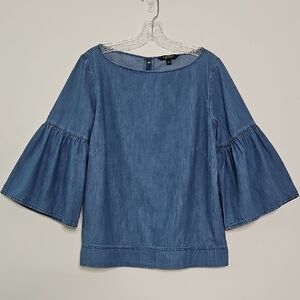 Lauren Ralph‎ Lauren Chambray Blouse Tiered Balloon Sleeves Nautical Size Large